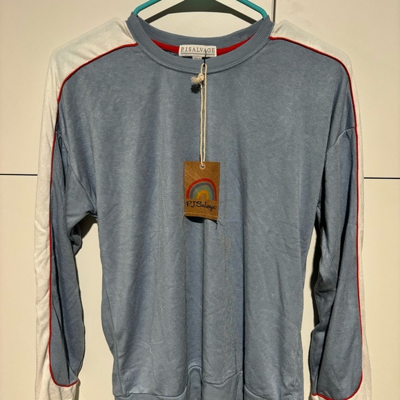 NWT P.J. Salvage Womens Long Sleeve Shirt Small Light Denim Blue Red RXRDLS Top - Picture 1 of 9